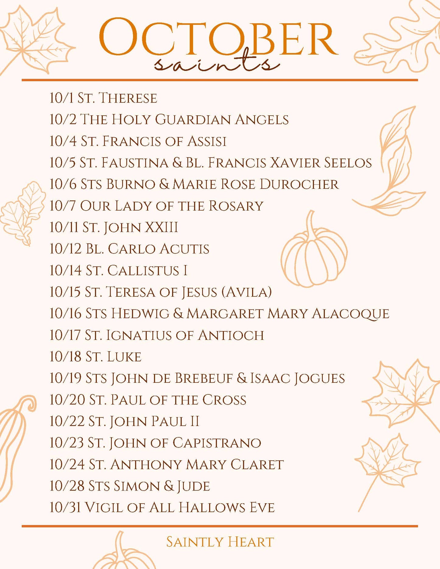 October Feast Days Mat and Calendar